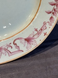 Three large oval Chinese crown-monogrammed puce-enamelled and gilt-decorated dishes, Qianlong