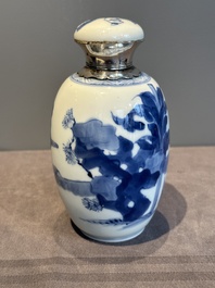 A Chinese blue and white silver-mounted 'Long Eliza' tea caddy and cover, Kangxi