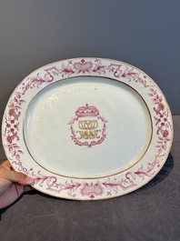 Three large oval Chinese crown-monogrammed puce-enamelled and gilt-decorated dishes, Qianlong
