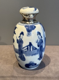 A Chinese blue and white silver-mounted 'Long Eliza' tea caddy and cover, Kangxi