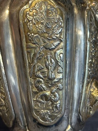A Chinese parcel-gilt silver wine ewer for the Peranakan or Straits market,  Xuan Huang Hao 炫煌號 and An Yi Zao 安益造 mark, 19/20th C.