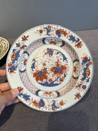 A Chinese famille rose 'Magu' plate, a famille verte plate and two Imari-style plates with floral design, Kangxi/Yongzheng