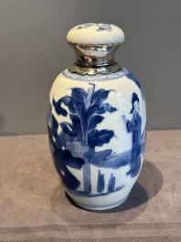 A Chinese blue and white silver-mounted 'Long Eliza' tea caddy and cover, Kangxi