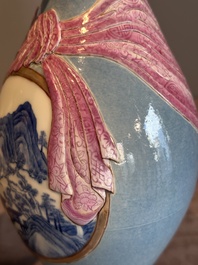 A rare Chinese blue, white and famille rose vase with landscape design, Guangxu mark, dated 1908