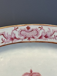 Three large oval Chinese crown-monogrammed puce-enamelled and gilt-decorated dishes, Qianlong