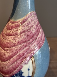 A rare Chinese blue, white and famille rose vase with landscape design, Guangxu mark, dated 1908
