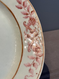 Three large oval Chinese crown-monogrammed puce-enamelled and gilt-decorated dishes, Qianlong