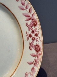 Three large oval Chinese crown-monogrammed puce-enamelled and gilt-decorated dishes, Qianlong
