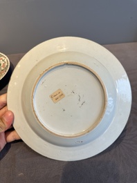 A Chinese famille rose 'Magu' plate, a famille verte plate and two Imari-style plates with floral design, Kangxi/Yongzheng