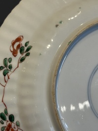 A Chinese famille rose 'Magu' plate, a famille verte plate and two Imari-style plates with floral design, Kangxi/Yongzheng