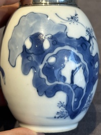 A Chinese blue and white 'Long Eliza and playing boys' tea caddy with silver mount and cover, Kangxi