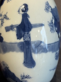 A Chinese blue and white silver-mounted 'Long Eliza' tea caddy and cover, Kangxi