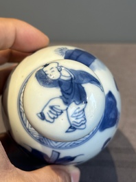 A Chinese blue and white silver-mounted 'Long Eliza' tea caddy and cover, Kangxi