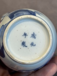 A Chinese blue and white silver-mounted 'Long Eliza' tea caddy and cover, Kangxi