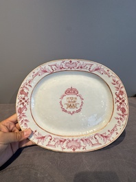 Three large oval Chinese crown-monogrammed puce-enamelled and gilt-decorated dishes, Qianlong