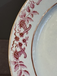 Three large oval Chinese crown-monogrammed puce-enamelled and gilt-decorated dishes, Qianlong