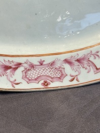 Three large oval Chinese crown-monogrammed puce-enamelled and gilt-decorated dishes, Qianlong