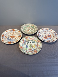 A Chinese famille rose 'Magu' plate, a famille verte plate and two Imari-style plates with floral design, Kangxi/Yongzheng