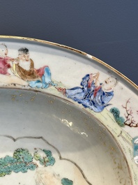 A fine Chinese famille rose oval 'go players' shaving bowl, Qianlong
