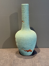 A Chinese iron-red-decorated turquoise-ground bottle vase with bats, Qianlong mark, 20th C.
