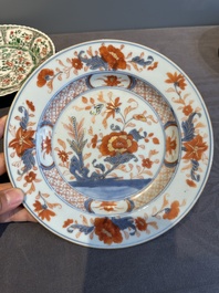 A Chinese famille rose 'Magu' plate, a famille verte plate and two Imari-style plates with floral design, Kangxi/Yongzheng