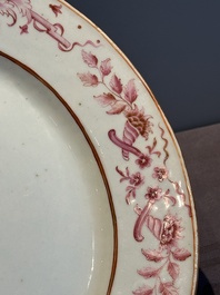 Three large oval Chinese crown-monogrammed puce-enamelled and gilt-decorated dishes, Qianlong
