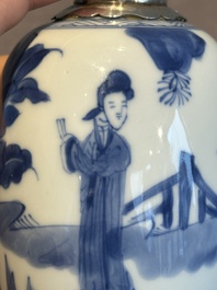 A Chinese blue and white silver-mounted 'Long Eliza' tea caddy and cover, Kangxi