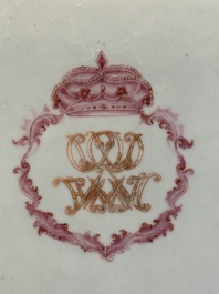 Three large oval Chinese crown-monogrammed puce-enamelled and gilt-decorated dishes, Qianlong