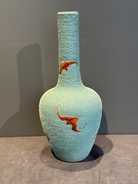 A Chinese iron-red-decorated turquoise-ground bottle vase with bats, Qianlong mark, 20th C.