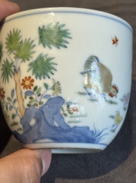 A pair of extremely rare imperial Chinese doucai 'chicken' cups, Chenghua mark, Yongzheng/Qianlong