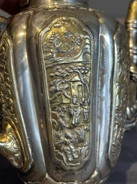 A Chinese parcel-gilt silver wine ewer for the Peranakan or Straits market,  Xuan Huang Hao 炫煌號 and An Yi Zao 安益造 mark, 19/20th C.