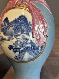 A rare Chinese blue, white and famille rose vase with landscape design, Guangxu mark, dated 1908