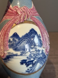 A rare Chinese blue, white and famille rose vase with landscape design, Guangxu mark, dated 1908