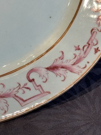 Three large oval Chinese crown-monogrammed puce-enamelled and gilt-decorated dishes, Qianlong