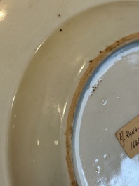 A Chinese famille rose 'Magu' plate, a famille verte plate and two Imari-style plates with floral design, Kangxi/Yongzheng