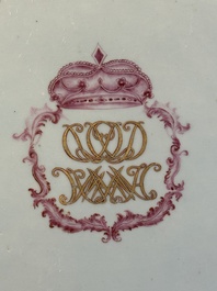Three large oval Chinese crown-monogrammed puce-enamelled and gilt-decorated dishes, Qianlong