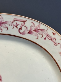 Three large oval Chinese crown-monogrammed puce-enamelled and gilt-decorated dishes, Qianlong