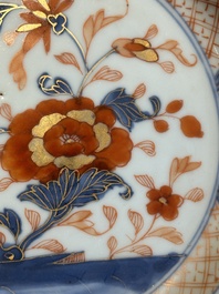 A Chinese famille rose 'Magu' plate, a famille verte plate and two Imari-style plates with floral design, Kangxi/Yongzheng