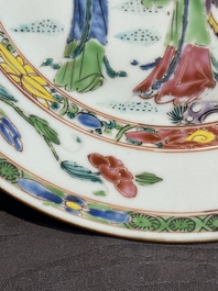 A Chinese famille rose 'Magu' plate, a famille verte plate and two Imari-style plates with floral design, Kangxi/Yongzheng