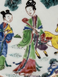 A Chinese famille rose 'Magu' plate, a famille verte plate and two Imari-style plates with floral design, Kangxi/Yongzheng