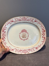 Three large oval Chinese crown-monogrammed puce-enamelled and gilt-decorated dishes, Qianlong