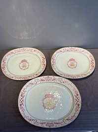 Three large oval Chinese crown-monogrammed puce-enamelled and gilt-decorated dishes, Qianlong