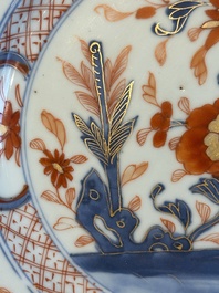 A Chinese famille rose 'Magu' plate, a famille verte plate and two Imari-style plates with floral design, Kangxi/Yongzheng