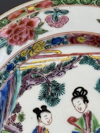 A Chinese famille rose 'Magu' plate, a famille verte plate and two Imari-style plates with floral design, Kangxi/Yongzheng