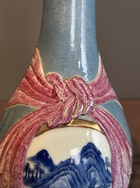 A rare Chinese blue, white and famille rose vase with landscape design, Guangxu mark, dated 1908