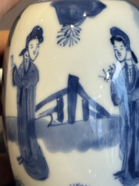 A Chinese blue and white silver-mounted 'Long Eliza' tea caddy and cover, Kangxi