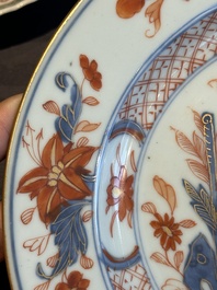 A Chinese famille rose 'Magu' plate, a famille verte plate and two Imari-style plates with floral design, Kangxi/Yongzheng