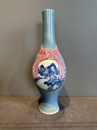 A rare Chinese blue, white and famille rose vase with landscape design, Guangxu mark, dated 1908