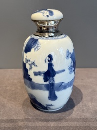 A Chinese blue and white silver-mounted 'Long Eliza' tea caddy and cover, Kangxi