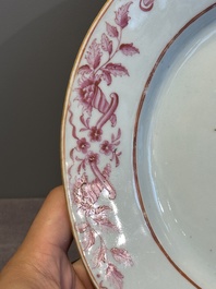 Three large oval Chinese crown-monogrammed puce-enamelled and gilt-decorated dishes, Qianlong
